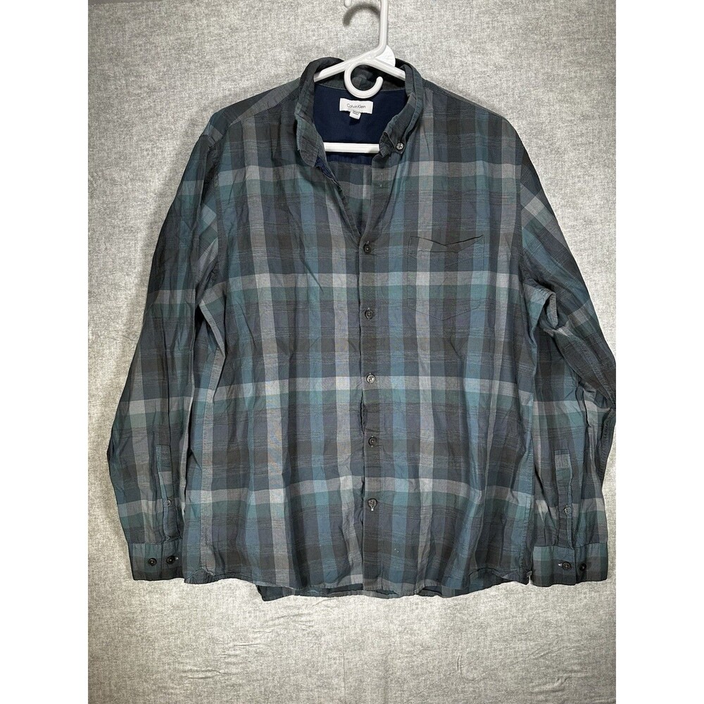 Calvin Klein Men's Long Sleeve Button Down Shirt Blue & Gray Plaid Size Large